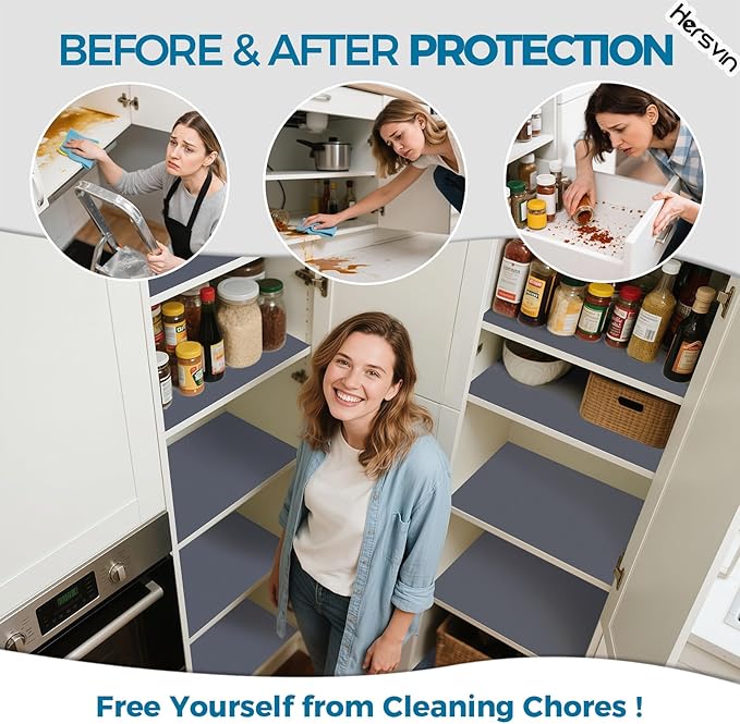Hersvin Shelf Liners, 20in x 20ft Kitchen Drawer Mats, Non-Adhesive EVA Cupboard Protector, Cabinet Lining (Dark Gray/Dot)