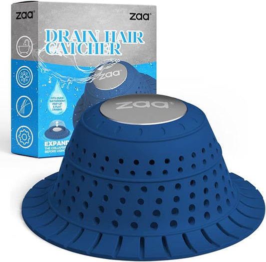 Bathtub Drain Hair Catcher, Silicone Collapsible 1 Pack Drain Protector for Pop-Up and Regular Drains of Shower, Bathtub, Tub, Bathroom, Sink, Dark-Blue