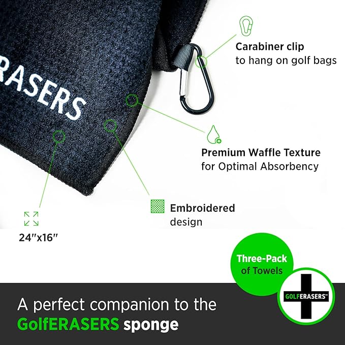 Premium Microfiber Golf Towel with Clip for Golf Bag, 3 Pack, Waffle-Knit Pattern, Helps Keep Golfers’ Hands Dry While Playing, Pairs Perfectly Sponges, 24"x16"