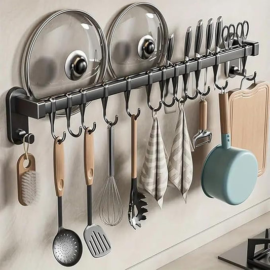 AmoiChic Adhesive Wall Mounted Pot Pan Rack, Kitchen Wall Mounted Detachable Pan Lid Utensils Organizer Hanging Rail with 8 Hooks for Kitchen Bathroom Bedroom,17.7''