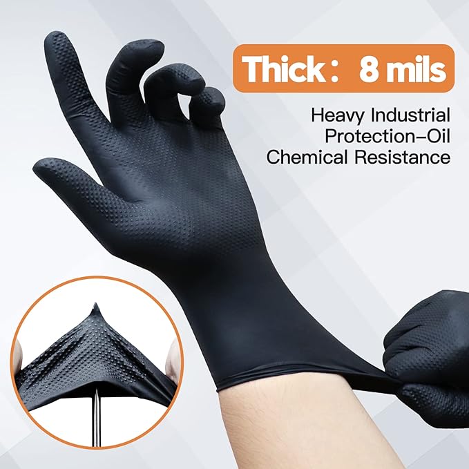 Wostar Black Nitrile Industrial Gloves Large 8 Mil Raised Diamond Texture Latex & Powder Free Heavy Duty Gloves 100 Count