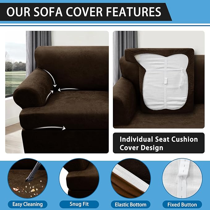 4-Piece T Couch Cover - Leather Look Slipcovers for 3 Cushion Sofa, Washable, Coffee