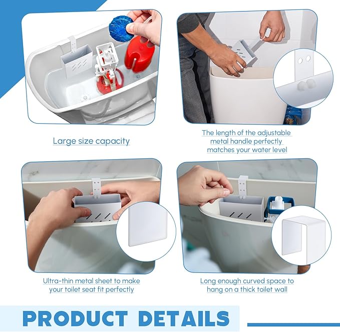 Honeydak 1 Pcs Large Size 4.33 x 4.33 x 1.38 Inch Stainless Steel Toilet Tank Cleaning Tablet Holder with Adjustable Hook to Hang Toilet Cleaner Box (White)