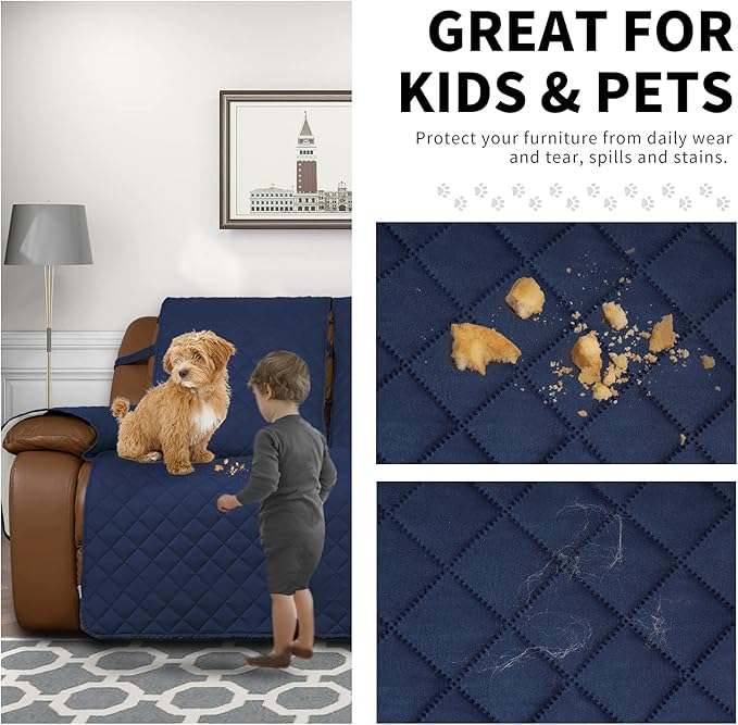 Easy-Going Recliner Sofa Cover, Reversible Couch Cover for 3 Seat Recliner, Split Sofa Cover for Each Seat, Furniture Protector with Elastic Straps for Kids, Dogs, Pets(3 Seater, Navy/Ivory)