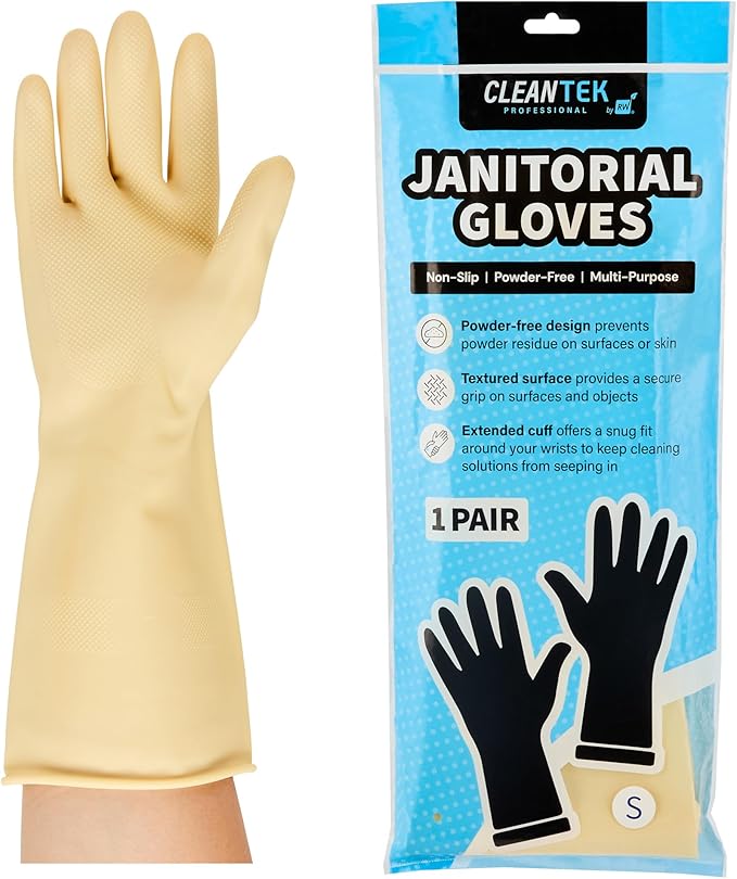 Restaurantware-Clean Tek Professional 22 Mil Small Cleaning Gloves, 1 Pair Of Long Cuff Gloves - No-Slip Grip, No-Powder, Yellow Latex Gloves For Kitchen Cleaning, Ideal For Washing Dishes