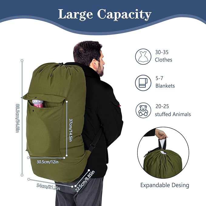 Sanlykate Canvas Backpack Laundry Bag - Extra Large Durable Dirty Clothes 2-3 Days Capacity with Adjustable Shoulder Strap & Front Pocket, for College Dorm, Apartment, Laundromats, Camping Travel