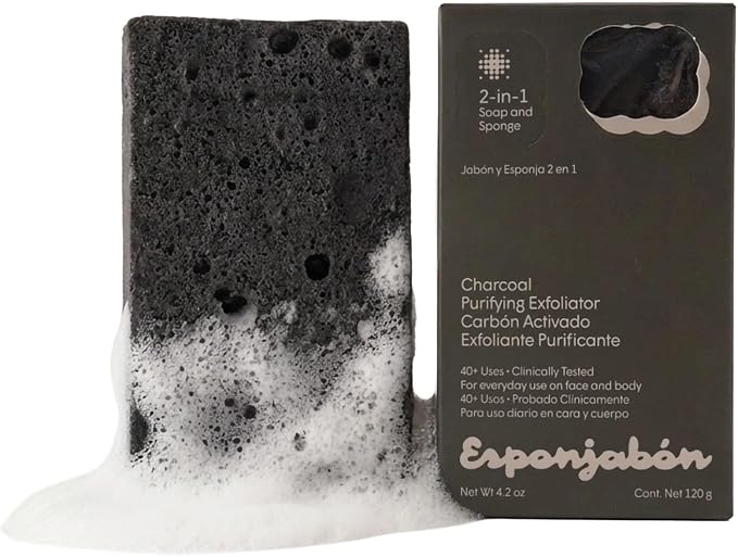 T.Taio Esponjabon Mother of Pearl and Charcoal Soap Sponges — Shower Scrubbers That Remove Oil and Dirt — Sponges to Scrub Foot, Elbow and Face — Bathroom Accessories — Fresh Scent (4-Pack)