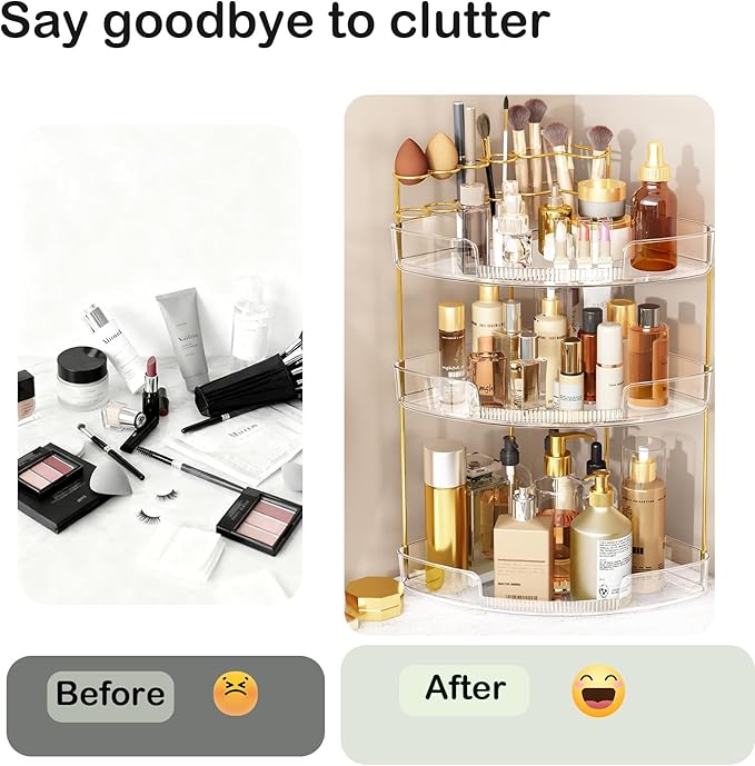 FELIZHOUSE 3-Tier Makeup Organizer for Vanity & Bathroom Countertop – Acrylic Storage Shelf with Perfume Tray & Makeup Brush Holder, Tool-Free Installation, Design for Bathroom & Dresser - Clear