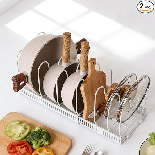 Expandable Pot and Pan Organizer Rack with 10 Adjustable Compartments, White Kitchen Cabinet Organizer for Lid, Bakeware, Cutting Board, Pantry & Countertop Storage