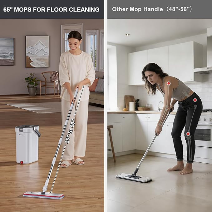 Mop and Bucket Set, 3-Tank Flat Mop and Bucket System for Separate Dirty & Clean Water, 65" Mops for Floor Cleaning with 6 Washable Pads, Safe for Hardwood, Vinyl, Tile, Baseboards, Walls