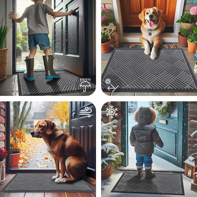 Smiry Front Door Mat Outside Entrance, Heavy Duty Outdoor Indoor Natural Rubber Doormat, Non Slip, Trap Dirt and Moisture, Easy Clean, Low Profile Patio Porch Entryway Mat, 59x20, Grey