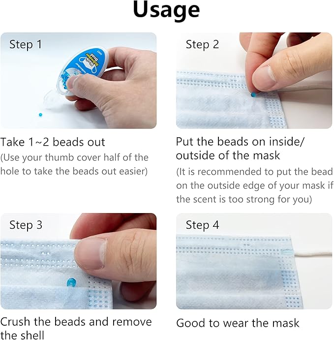 Menthol Beads for Face Mask Refresher, Long-Lasting & Strong Refreshing Fragrance, with Natural Essential Oils from Herbs and Plants (100 beads/pack), Pack of 4, Blue Menthol