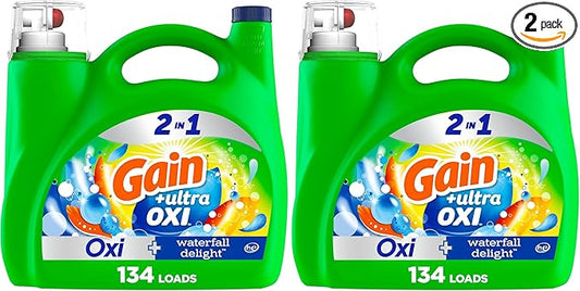Gain Ultra Oxi Liquid Laundry Detergent,Waterfall Delight Scent,194 fl oz,134 Loads,Freshness + Odor Fighting,High Efficiency Washing Machine Liquid Cleaning Soap,(Pack of 2)