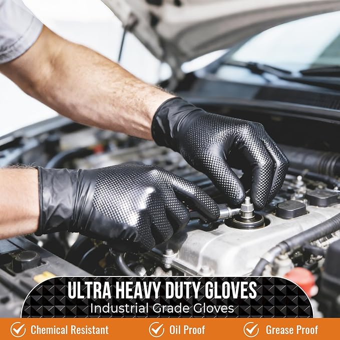 Heavy Duty 10 Mil Nitrile Disposable Gloves with Raised Diamond Texture, Latex-Free, Powder-Free, Extra Strong, Chemical Resistant, Durable for Mechanics, Industrial Work, Auto Repair, Large