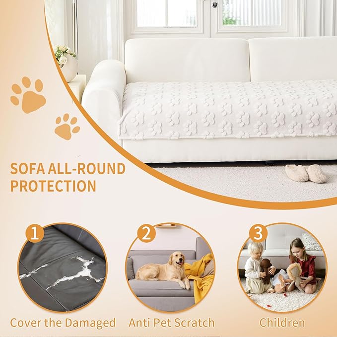 Waterproof Couch Cover for Dogs Washable,Fuzzy Pet Couch Covers for Sofa,Thick Soft Dog Mat Non-Slip Couch Covers for 3 Cushion Couch Sofa Pet Friendly (White, 35x74(1pc))