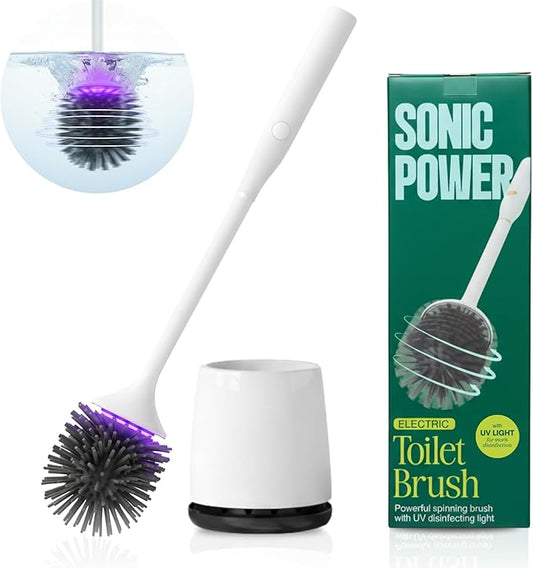 Electric Toilet Brush & Scrubber – Self Cleaning Silicone Toilet Bowl Brush with UVC Light, Rechargeable Wireless Spinning Toilet Brush & Holder Set, Wall Mount or Floor Standing (Pack of 1)