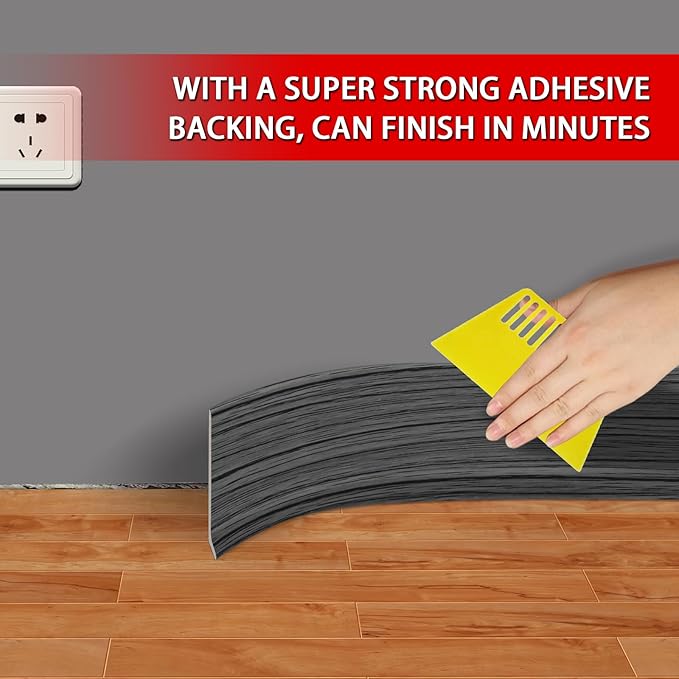 Vinyl Wall Base Baseboard Molding Trim 4" Flexible Self Adhesive Rubber Wall Base Moulding Trim Peel and Stick Design, 4 Inch x 200 Feet, Dark Gray Wood