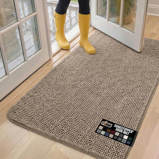 GORILLA GRIP SoakSTOPPER Dog Door Mat, 60x36 Machine Washable Rug Absorbent Doormat Captures Moisture Mud Dirt, Quick Dry Soft Chenille Entryway Rugs Indoor Entrance Mats for Dog Paws, Beige