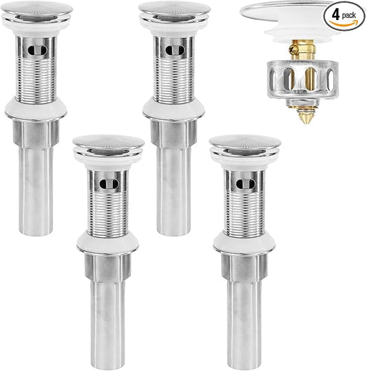 Bathroom Sink Drain,4 Pack Drain Stopper with Overflow,Pop Up Drain Assembly with Detachable Strainer Basket,Built-in Anti-Clogging, Stainless Steel Nut Brushed Nickel