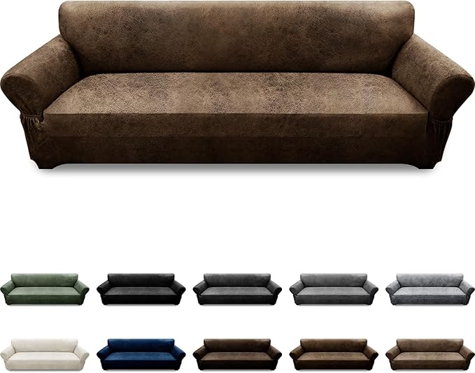 Oversized Sofa Slipcover Leather Look Couch Cover for 4 Seater Sofa 1-Piece Sofa Cover Stretch Furniture Protector with Elastic Bottom & Pockets(XL Sofa, Brown)