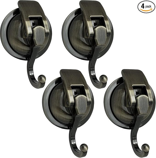 Heavy Duty Vacuum Suction Shower Hooks - Glass Suction Cup Bathroom Robe Hooks, Reusable, No Hole Punched - Bronze, 4 Pack