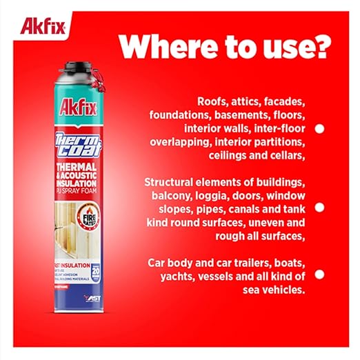 Akfix Thermcoat Fire Rated Spray Foam Insulation Kit 120 sq ft (6x27.1 oz.) - (R-Value 11.32/2 in) Closed Cell Expanding Wide Sealant Thermal Insulation for Walls and Attic - Gun & Cleaner Included