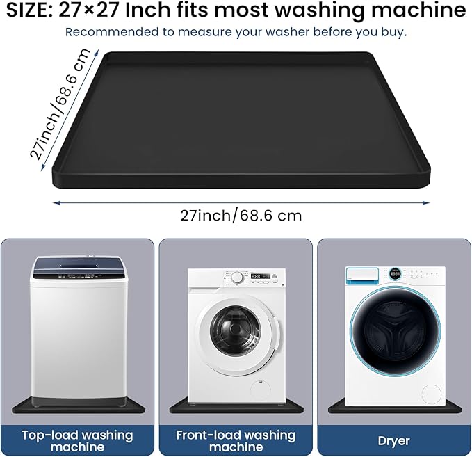 27"X27" Under Washing Machine Drain Pan Silicone Mat with 0.8“ Raised Edge - Washing Machine Tray , Non-Slip Trays for under Washer and Dryer ,Washer Tray for Floor Protection ,Washer Drip Pan(Black)