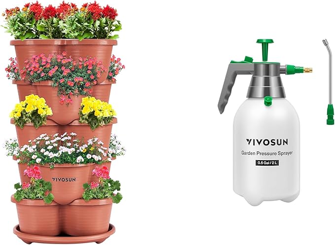 VIVOSUN 5 Tier Vertical Gardening Stackable Planter and 0.5Gal Handheld Garden Sprayer, 2L Pump Sprayer, 68 Oz Water Spray Bottle with Safety Valve, Adjustable Nozzle, Extended Spray