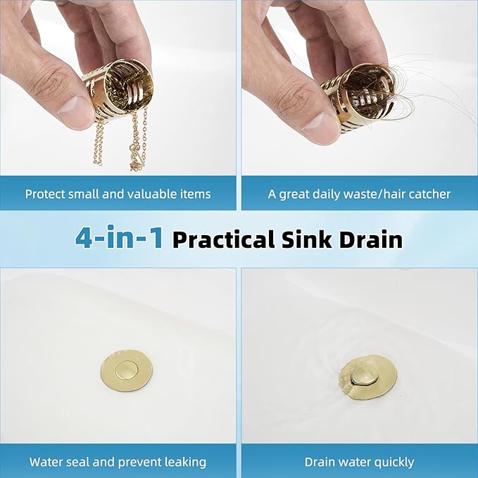 Universal Metal Bathroom Sink Drain Strainer Hair Catcher Upgraded 3 in 1 Pop-up Sink Stopper, with Detachable Stainless Steel Filter Basket, Fit for Standard 1.1''~2.36'' Basin Hole, Brushed Gold