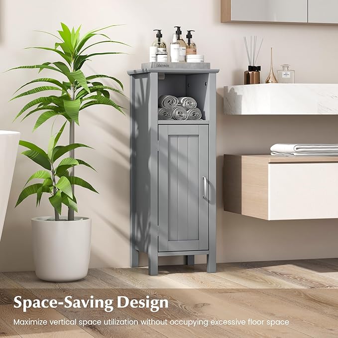 HAPPYGRILL Bathroom Floor Cabinet, Narrow Organizer Console Table Nightstand w/Adjustable Inner Shelves, Freestanding Storage Cabinet for Living Room Kitchen Entryway (Grey)