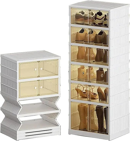 6 Tier Easy Assembly Collapsible Shoe Cabinet Foldable Shoe Organizer Stackable Shoe Storage Box with Clear Door for Front Door Entrance 12Pairs