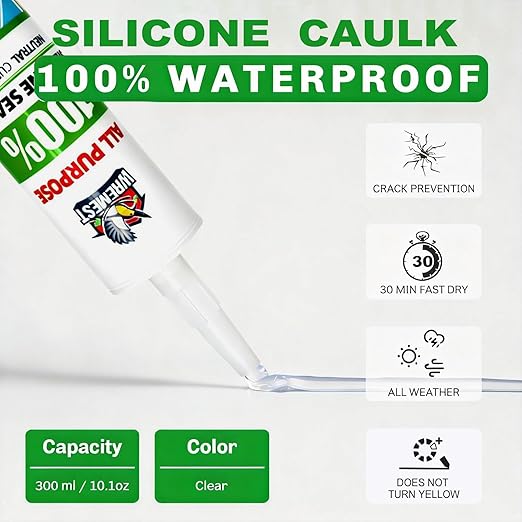 Waterproof Silicone Caulk, 10 fl oz, 12 Pack, Clear