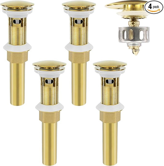 Bathroom Sink Drain, 4 Pack Gold Drain Stopper with Overflow,Pop Up Drain Assembly Without Detachable Strainer Basket,Built-in Anti-Clogging Strainer,Stainless Steel