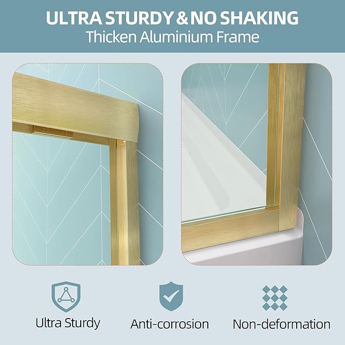 GETPRO Shower Door Double Sliding 68-72 in. W x 72 in. H Semi-Frameless Bypasss Bathroom Glass Shower Sliding Doors,1/4 inch Clear Tempered Glass Door for Walk-in Shower Brushed Gold