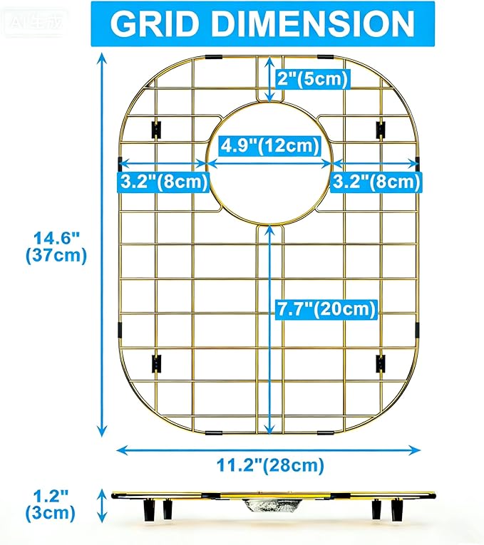 SANNO Gold Sink Protector Grid for Kitchen Sink, 14.57" L X 11.22" W Bottom Grid with Rear Drain Hole, Single Bowl Sink Rack, Stainless Steel 1 Pack