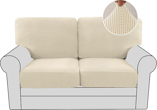 H.VERSAILTEX Multi-Pieces Loveseat Covers for 2 Cushion Couch High Stretch Couch Cushion Covers Jacquard Textured Twill Fabric(2 Seat Covers Plus 2 Back Cushion Covers, Natural)