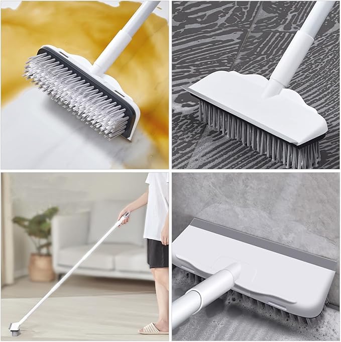 Floor Scrub Brush with Squeegee Long Handle Hard Bristles 2-in-1 Bathroom and Tile Cleaning Scrubbing Brush for Shower and Floor Maintenance