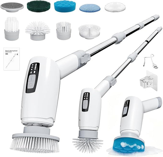 Electric Spin Scrubber, Cordless Cleaning Brush Shower Scrubber with 9 Replaceable Brush Heads 3 Speeds Extension Handle for Bathroom, Shower, Bathtub, Floor, Tile, Kitchen, Pool (1, White)