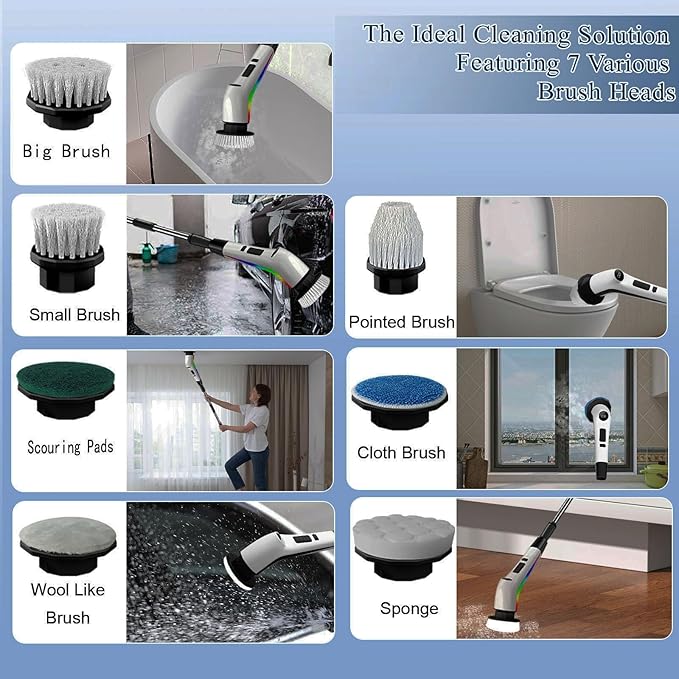 Electric Spin Scrubber Cordless,Lucklights Cleaning Brush Power Shower 7 Brush Heads 3 Speeds 120Mins Work Time Adjustable Extension Arm for Bathroom Tub Kitchen Floor Car