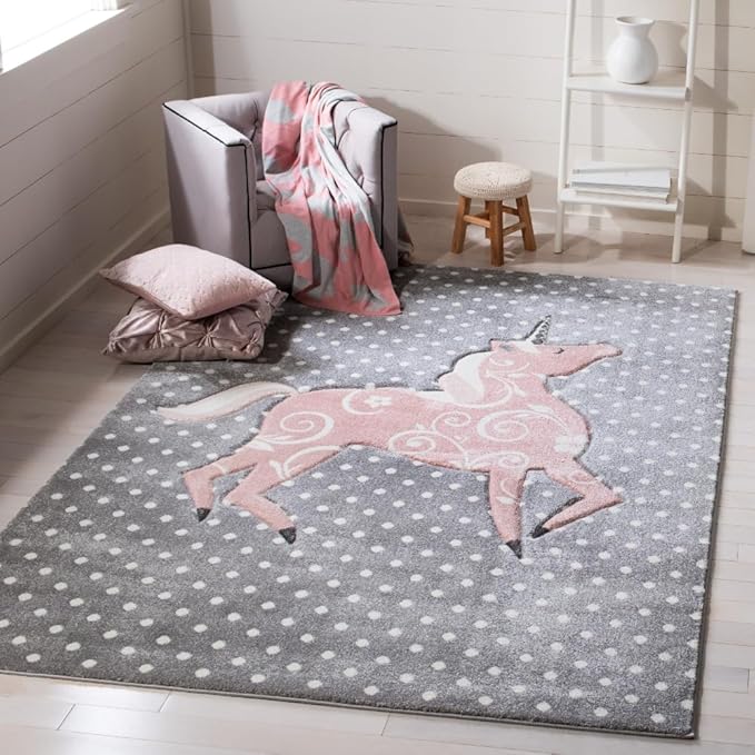 SAFAVIEH Carousel Kids Collection Accent Rug - 4' x 6', Grey & Ivory & Pink, Non-Shedding & Easy Care, Ideal for High Traffic Areas for Boys & Girls in Playroom, Nursery, Bedroom (CRK163G)