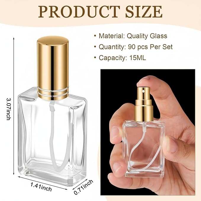 Domensi 30 Pcs 15 ml Glass Perfume Bottles Mini Glass Empty Spray Atomizer Bottles Bulk Refillable Small Perfume Dispenser Container with Pump Tool for Travel Plants Hair Cleaning Skin Care(Gold)