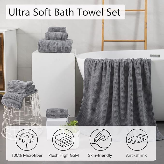 8 Piece Oversized Gray Bath Towel Set-2 Extra Large Bath Towel Sheets,2 Hand Towels,4 Washcloths-600GSM Soft Highly Absorbent Quick Dry Beach Chair Towels Woven Towels for Bathroom Hotel and Spa