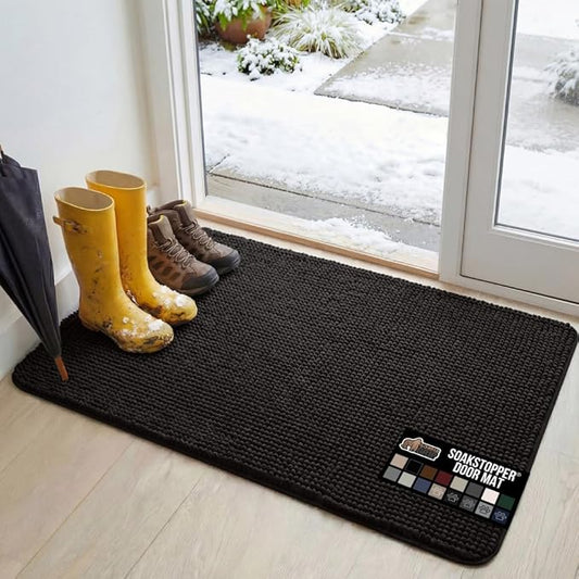 GORILLA GRIP SoakSTOPPER Dog Door Mat, 48x30 Machine Washable Rug Absorbent Doormat Captures Moisture Mud Dirt, Quick Dry Soft Chenille Entryway Rugs Indoor Entrance Mats for Dog Paws, Black