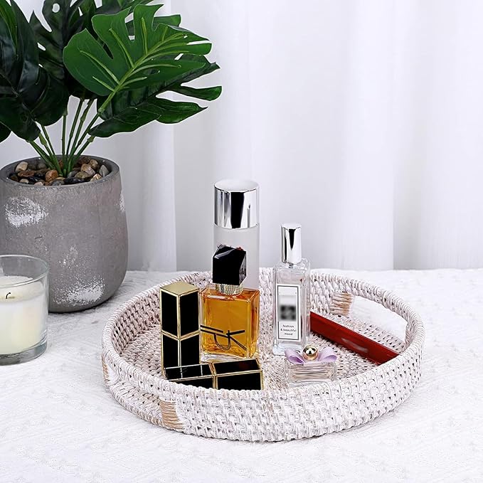 Hipiwe 10.4" Round Rattan Serving Tray with Handles - Handwoven Wicker Basket Storage Tray - Coffee Table Centerpiece - Home Decorative Basket - Whitewash