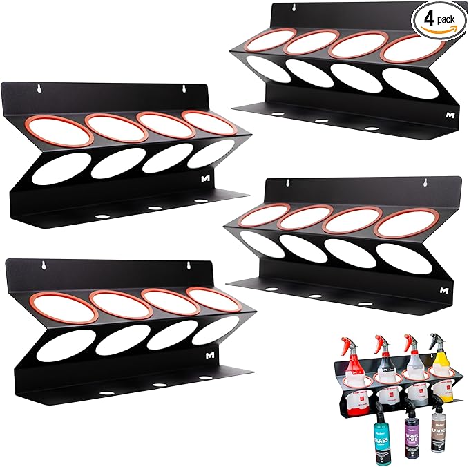 Maxshine Universal Spray Bottle Holder (4-Pack) – Holds 4 IK Trigger Sprayers (34oz Bottles) with 3 Small Holes – Sturdy & Lightweight Wall-Mounted Organizer for Detailing Accessories, Easy to Install