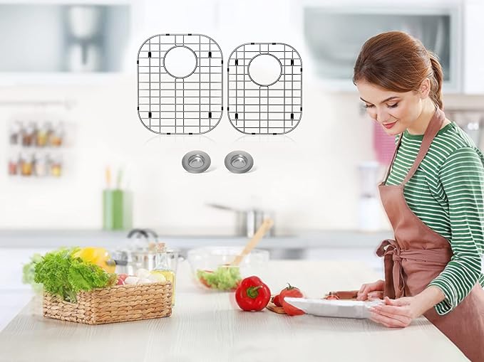 2Pack Sink Protector Grid 13"x16"and 11.2"x14.5", 304 Stainless Steel Sink Protectors for Kitchen Sink, Rust Resistant Metal Kitchen Sink Grid with 2Pack Sink Strainers (Rear Drain/4Pack)