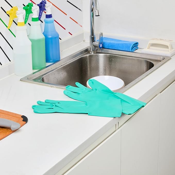 Restaurantware Green Cleaning Gloves 10 Pairs 15 Mil Thick Large Heavy-Duty Nitrile Gloves With Long Cuff No-Latex Flock Lining For Use In Hospitals, Laboratories, Kitchens and Households