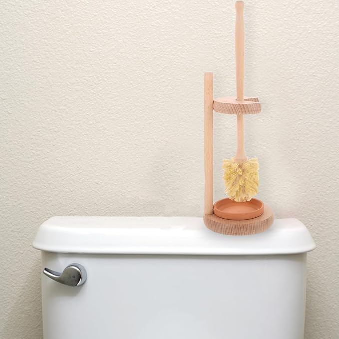 Ceramic Toilet Brush and Holder Set with Long Handle, Sisal Bristles Bathroom Scrubber Cleaner, Beech Wood Base for Toilet Bowl Cleaning Tools