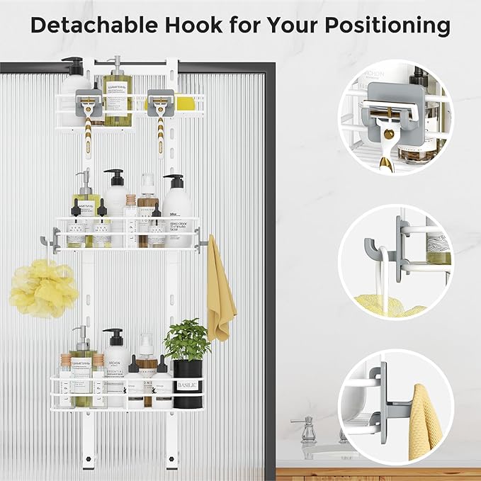 ODesign Over The Door Shower Caddy, 3-Tier Adjustable Hanging Shower Caddy with Soap Holder & 4 Hooks, Rustproof Bathroom Shower Organizer with Suction Cup, Shower Rack for Shampoo Razor - White