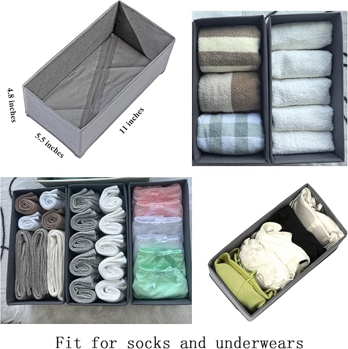 Sock Drawer Organizer 6 Pack - Collapsible Fabric Storage Bins for Underwear Divider, Small Closet Organizers with 6 Compartments, Gray